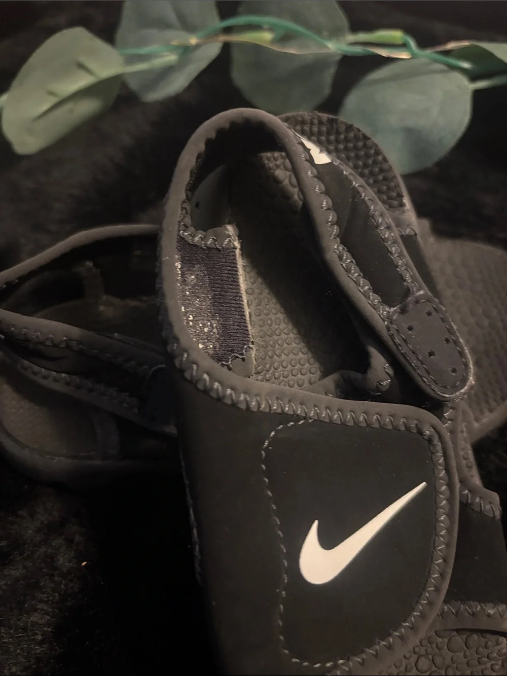 Nike Kids Black Sandals with White Swoosh